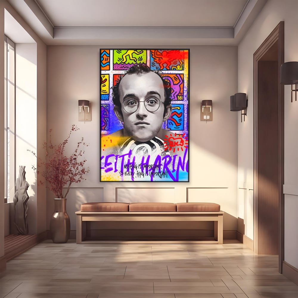 Tablou canvas cu tablou canvas cu portret alb negru si grafica keith haring, in rama de aluminiu negru